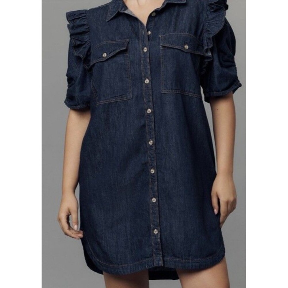 Anthropologie PILCRO RUFFLE-SLEEVE DENIM SHIRT DRESS XXS NEW Preppy Boho Resort